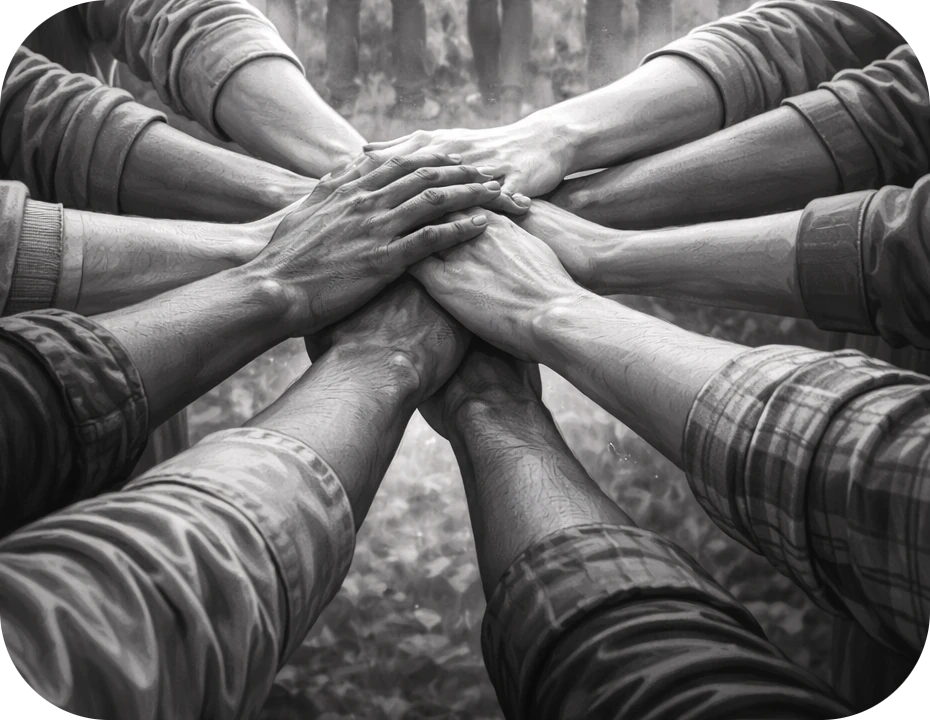 L'immagine raffigura diverse mani che si intrecciano, simboleggiando così comunione e unità.